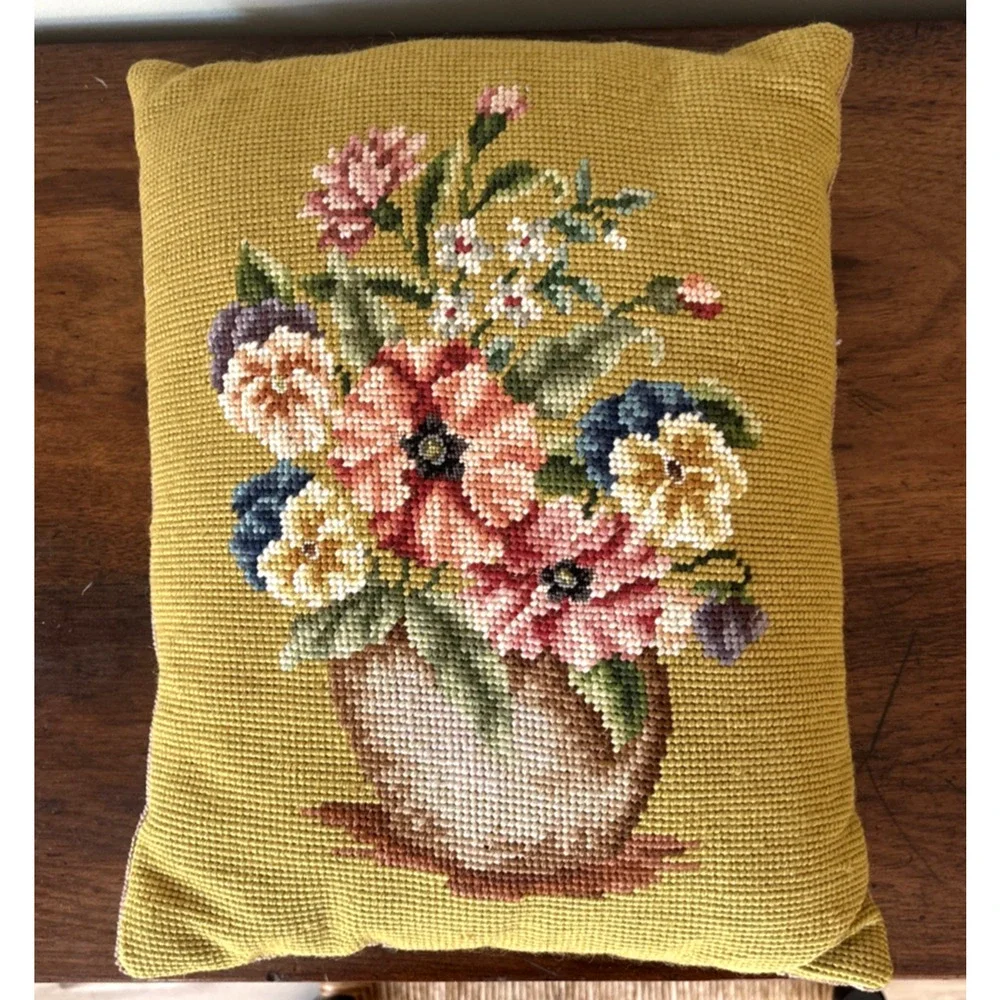 Vintage Floral Petit Point Needlepoint Pillow Green Velvet 14”x 10.5”